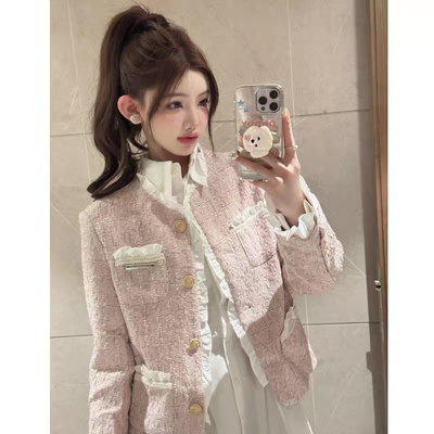 Abrigo de Tweed Rosa con Detalles Románticos