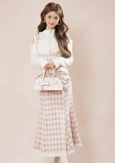 Vestido Largo Rosa Cuadrillé con Detalles Blancos en Encaje y Piel 