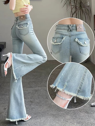 Jean Flare Celeste Tiro Alto con Desflecado