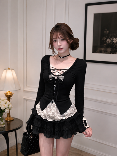 Conjunto de top con diseño de encaje + Falda con bolados 