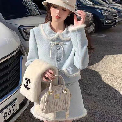 Conjunto celeste con botones de corazón chaqueta+pollera