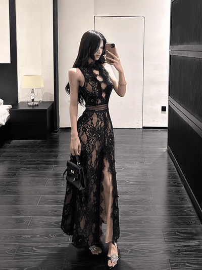 Vestido largo de encaje en color negro y blanco 