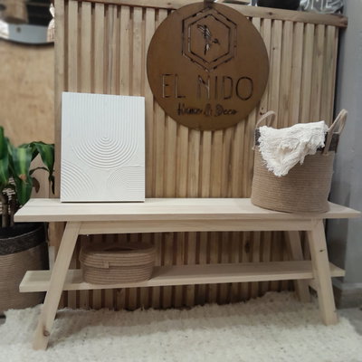 BANCO PIE DE CAMA LATERAL SILLON DE 60X30X45CM DE ALAMO MACIZO CON ESTANTE