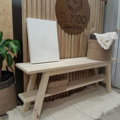 BANCO PIE DE CAMA LATERAL SILLON DE 120X30X45CM DE ALAMO MACIZO CON ESTANTE