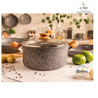 CACEROLA DE ALUMINIO FORJADO 24 CM ANTIADHERENTE GRANITO Y TAPA DE CRISTAL HUDSON