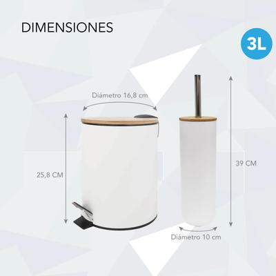 SET DE TACHO CESTO DE BASURA 3LTS BLANCO CON TAPA DE BAMBÚ + ESCOBILLA DE BAÑO