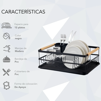 SECAPLATOS ESCURRE PLATOS NEGRO CUBIERTERO BANDEJA ESCURRIDORA