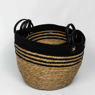 SET DE 3 CANASTOS CESTOS DE FIBRAS NATURALES Y ALGODÓN CON MANIJAS DE CUERO BORDE NEGRO