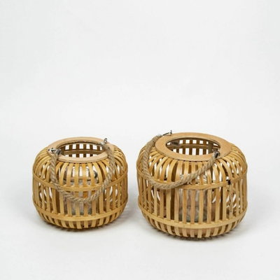 FANAL DE MADERA CON MANIJA DE RAFFIA Y VASO DE VIDRIO LARGE