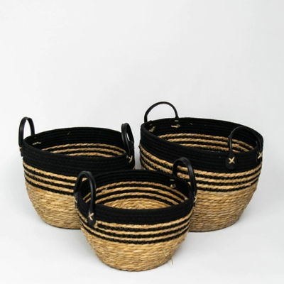 SET DE 3 CANASTOS CESTOS DE FIBRAS NATURALES Y ALGODÓN CON MANIJAS DE CUERO BORDE NEGRO