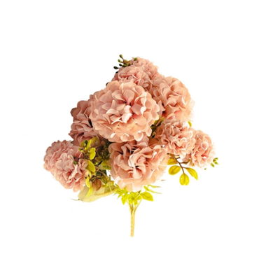 BOUQUET DE FLORES ARTIFICIALES ROSADAS TIPO HORTENSIA CON HOJAS VERDES – 30 CM