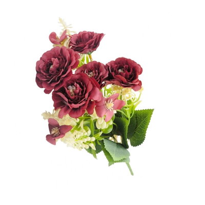 BOUQUET DE ROSAS ARTIFICIALES BORDÓ CON FLORES BLANCAS Y FOLLAJE – 30 CM