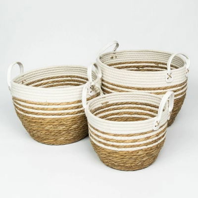 SET DE 3 CANASTOS CESTOS DE FIBRAS NATURALES Y ALGODÓN CON MANIJAS DE CUERO BORDE BLANCO