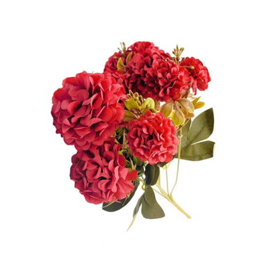 BOUQUET DE FLORES ARTIFICIALES ROJAS TIPO HORTENSIA CON HOJAS VERDES – 30 CM