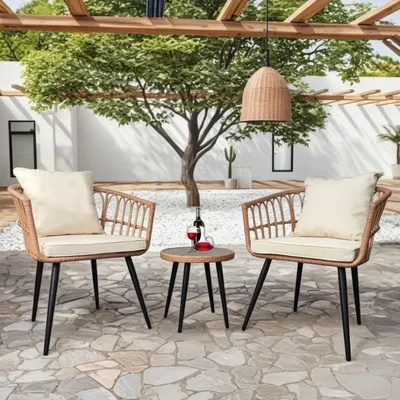 Set de 2 Sillones y Mesa  Acero inoxidable y Ratan color Yute