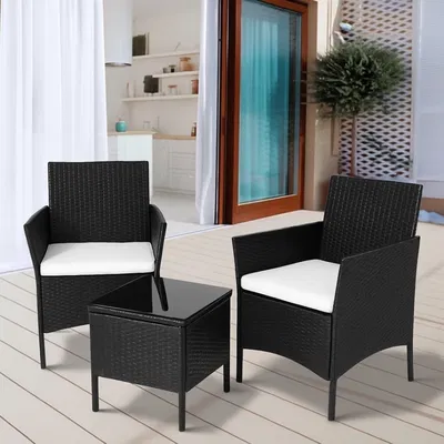 Set de 2 Sillones Cuadrados y Mesa  Acero inoxidable y Ratan color Negro