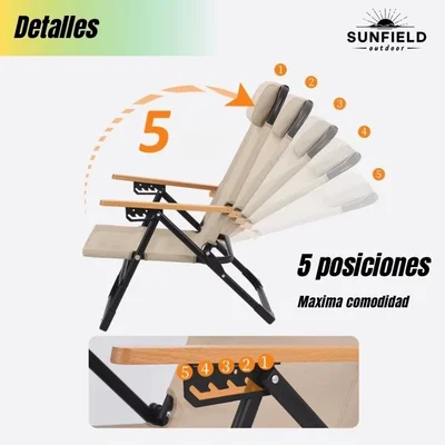 Reposera Grande Plegable Acero con Apoyabrazos de Madera y Almohada