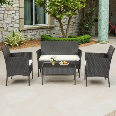 Set de 3 Sillones Cuadrados y Mesa  Acero inoxidable y Ratan color Negro