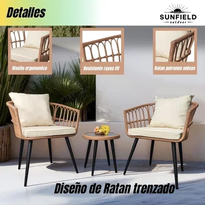 Set de 2 Sillones y Mesa Acero inoxidable y Ratan color Yute