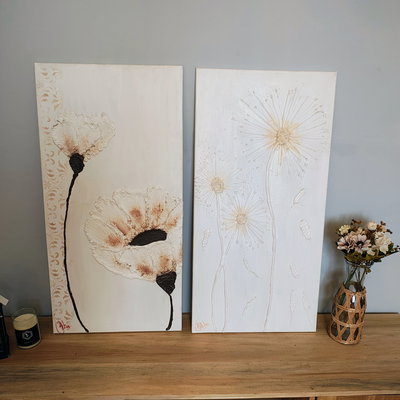 Cuadro floral texturado, cuadro beige decorativo, cuadro flores relieve 40x80cm