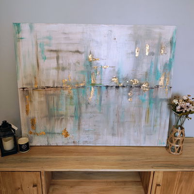 Cuadro abstracto dorado, cuadro texturado moderno, arte decorativo Aqua 100x80cm