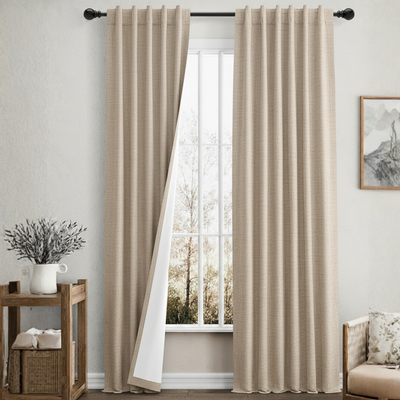 JUEGO DE CORTINAS LINO BLACK OUT BEIGE TRICAPA CUBRE 100%