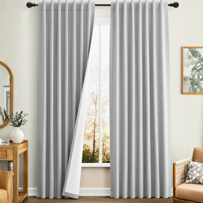 JUEGO DE CORTINAS LINO BLACK OUT GRIS TRICAPA CUBRE 100%