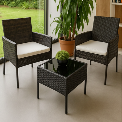 Set de 2 Sillones Cuadrados y Mesa Acero inoxidable y Ratan color Negro