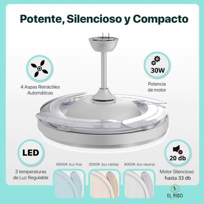 Ventilador De Techo Con Luz Led y Aspas Retractiles Bambu