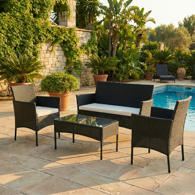 Set de 3 Sillones Cuadrados y Mesa  Acero inoxidable y Ratan color Negro