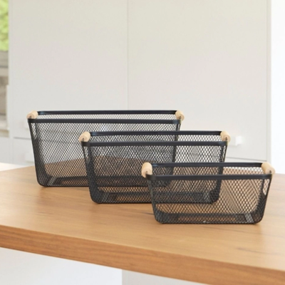 Set De 3 Canastos Organizadores Metálicos Con Manijas Madera
