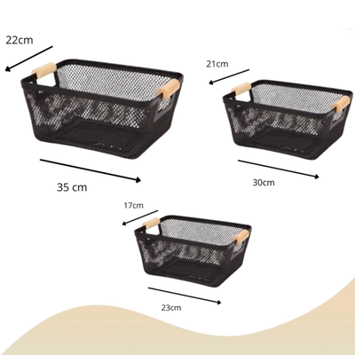 Set De 3 Canastos Organizadores Metálicos Con Manijas Madera