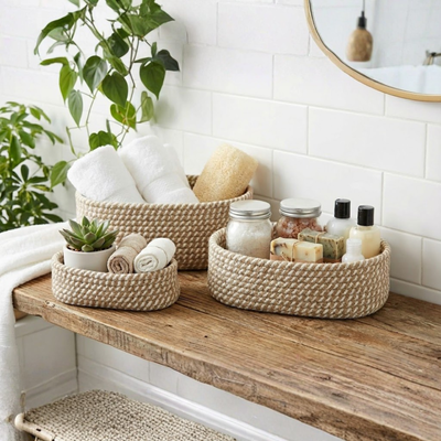 Set x3 Canastos Cestos de Soga Ovalados de Yute y Algodón Blanco Organizadores Decorativos