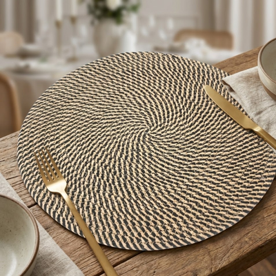 Individual Circular de Yute y Algodón Negro 40x40 cm para Mesa Moderna