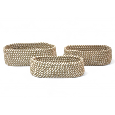 Set x3 Canastos Cestos de Soga Ovalados de Yute y Algodón Blanco Organizadores Decorativos