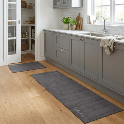 Set x2 Alfombras Kitchen Gris 40x60 cm + 40x120 cm Antideslizantes Lavables Cocina