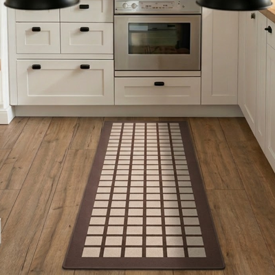 Alfombra 40x120 cm Cuadrillé Beige y Natural para Cocina y Pasillo Lavable