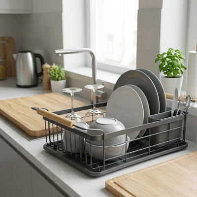 Escurridor de platos metálico gris con bandeja y manijas de madera