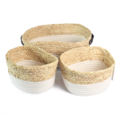 Set x3 cestos de seagrass y algodón tejido Phan White