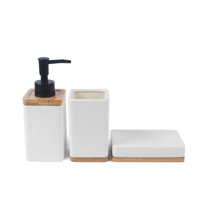 Set de baño cerámica beige y bambú x3 dispenser vaso y jabonera