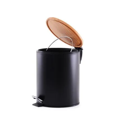 Cesto de basura negro 3 L con tapa de bambú y pedal soft