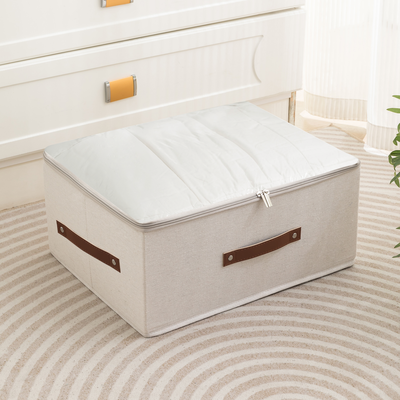 Caja organizadora natural con tapa transparente y manijas de cuero