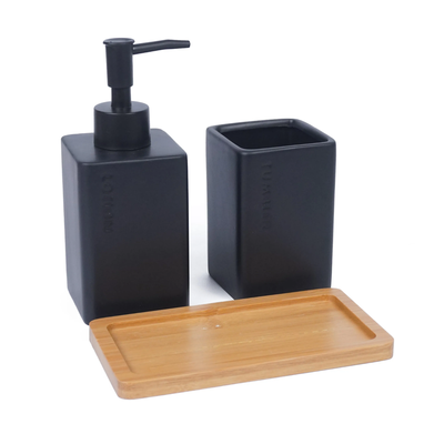 Set de baño cerámica negra y bambú x2 dispenser y vaso organizador