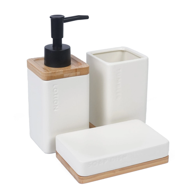 Set de baño cerámica beige y bambú x3 dispenser vaso y jabonera