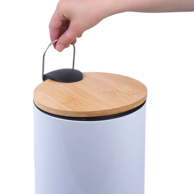 Cesto de basura blanco 3 L con tapa de bambú y pedal soft