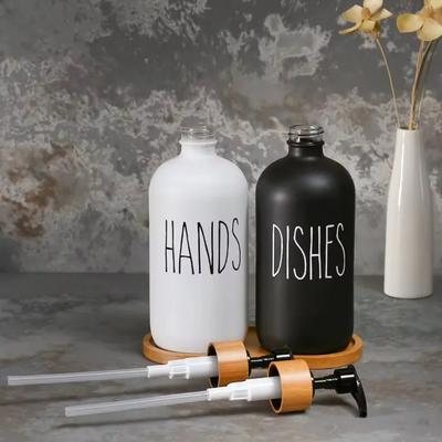 Set x2 dispensers de vidrio y bambú para jabón y detergente