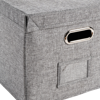 Caja organizadora de tela gris oscuro con portaetiqueta transparente