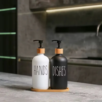 Set x2 dispensers de vidrio y bambú para jabón y detergente