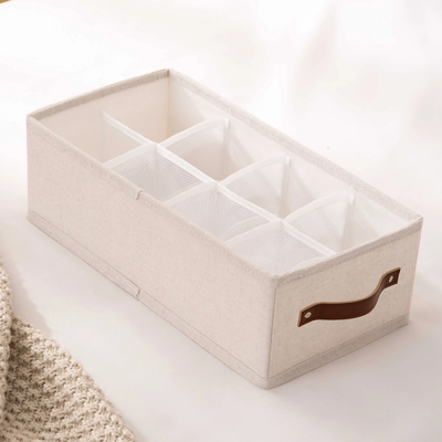 Caja organizadora plegable natural con 8 divisiones y manijas de cuero