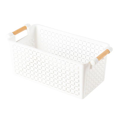 Caja organizadora plástica blanca con manija de madera Olden M